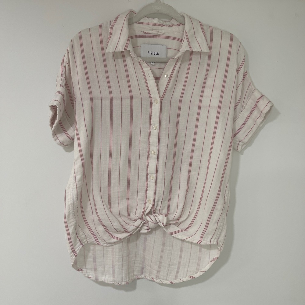 Pistola Striped Front Tie Button Down Shirt Womens Small Red White‎ | Coastal
